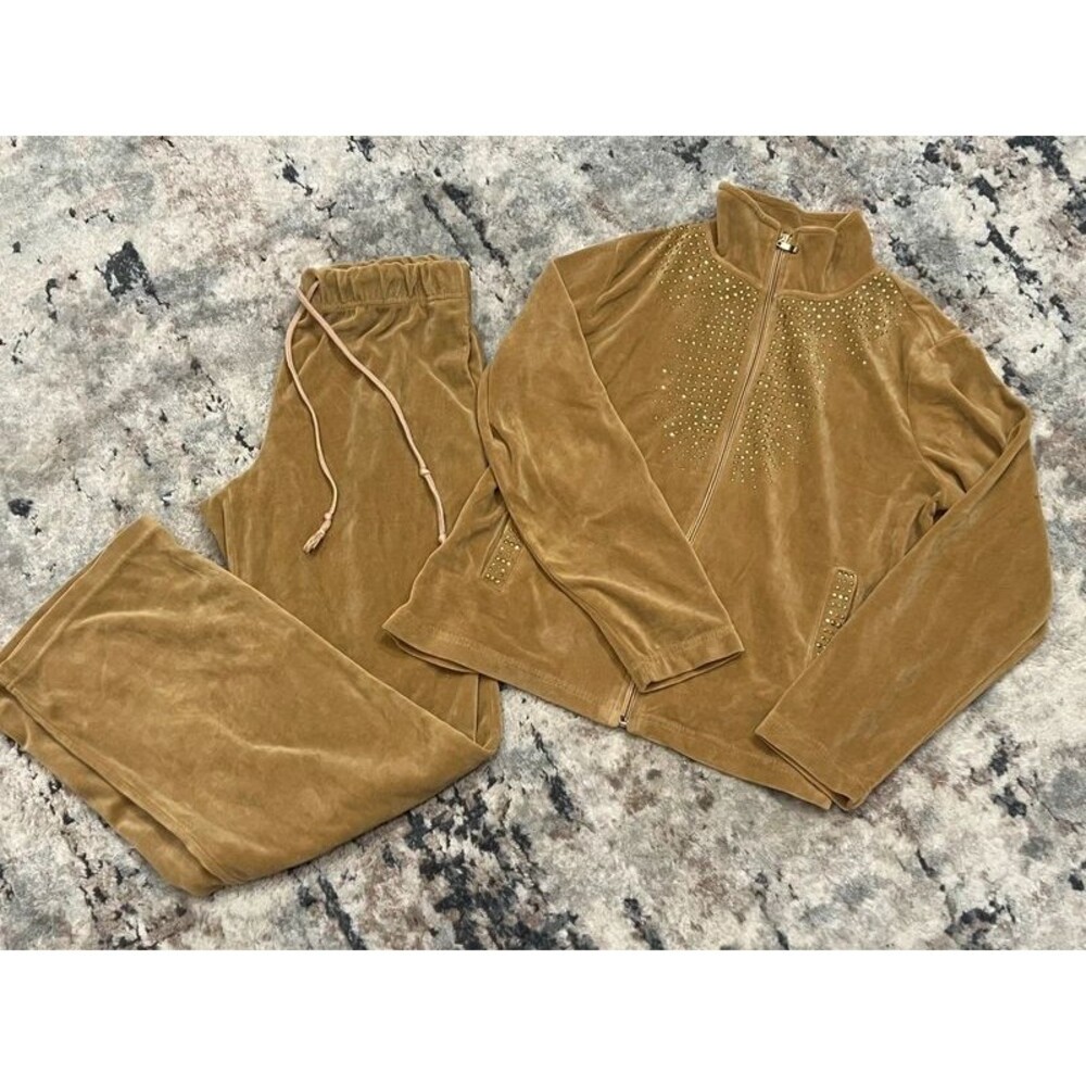 Mirror Image Women’s Velour Rhinestone Tracksuit Set Size Medium Tan Brown Y2K